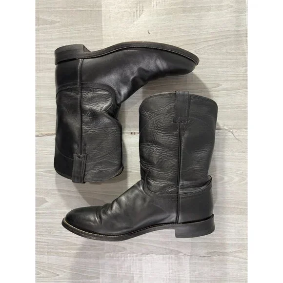 Justin 3133 Leather Roper Cowboy Boots 10.5 D color black USA - Picture 4 of 8